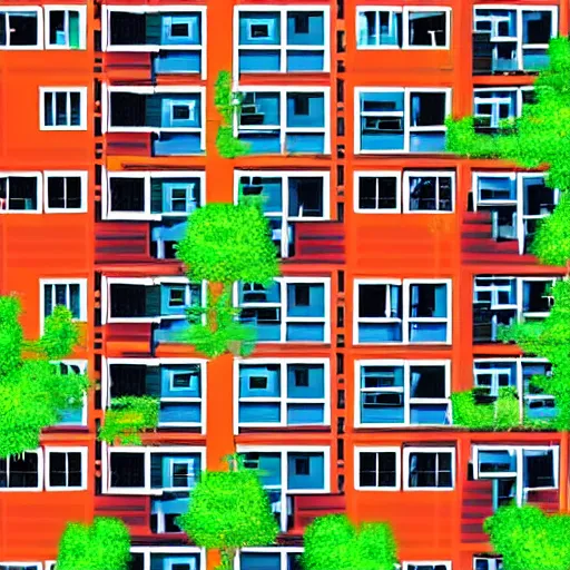 Prompt: colorful apartment block by M.C. Escher, sprinkled with greenery, zoomed out to see dozens of buildings in a solarpunk city, retrofuturist magazine illustration, cinematic, high detail
