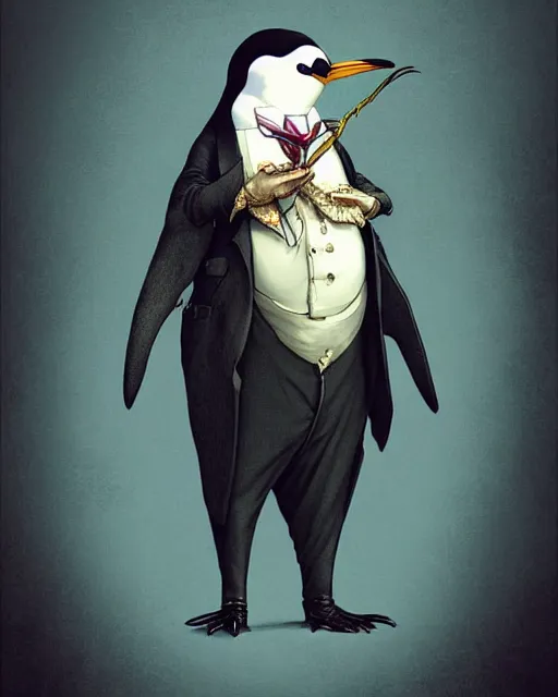 Image similar to anthropomorphic art of a detective penguin, victorian inspired clothing by artgerm, victo ngai, ryohei hase, artstation. fractal papersand books. highly detailed digital painting, smooth, global illumination, fantasy art by greg rutkowsky, karl spitzweg