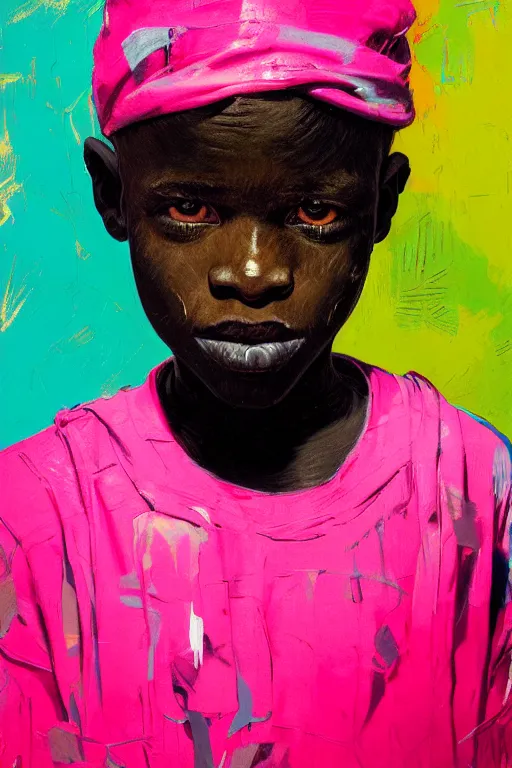 Prompt: portrait of a african young boy nor living in a death postapoliptic world, painted in acrylic, pigment, in the colors hot pink and cyan, beautiful realistic face, rule of thirds, soldier outfit, spotlight, by greg rutkowski, by jeremy mann, by francoise nielly, by van gogh, by ross tran, digital painting