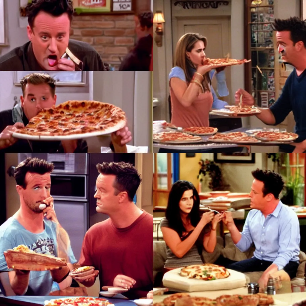 Prompt: friends tv show episode, chandler bing eating pizza