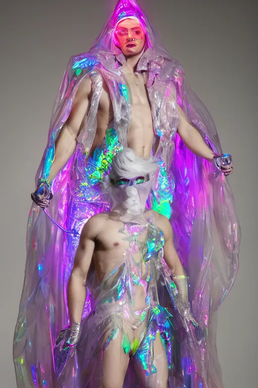 Prompt: full-body rococo and cyberpunk delicate neon crystalline sculpture of ((muscular albino prince Nick Jonas)) (((con la piroca dura))) as an iridescent humanoid deity wearing a thin see-through ((plastic hooded cloak)) sim roupa (holding a human skull), reclining con (((las piernas abiertas))), glowing pink face, crown of (white lasers), large diamonds, swirling black silk fabric. futuristic elements. oozing glowing liquid, full-length view. space robots. intricate artwork by caravaggio. Trending on artstation, octane render, cinematic lighting from the right, hyper realism, octane render, 8k, depth of field, 3D