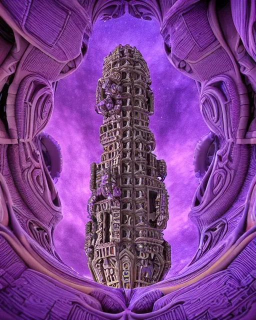 Prompt: detailed render giant alien greeble tower art nouveau rococo architecture carved out of complex mandelbulb with royal purple quartz rendered in cinema 4 d octane