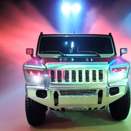 Prompt: silver hummer truck on a stage : : surrounded by fog and a laser show.