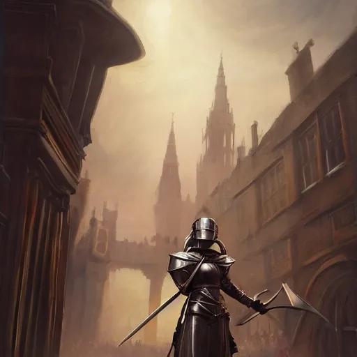 Prompt: painting of a female knight invading london, full view, popular on artstation, artstationhd, artstationhq 8 k, volumetric lighting, super focused, no blur, trending on artstation, artstationhd, artstationhq, ultra detailed, by artgerm and james gurney, greg rutkowski,