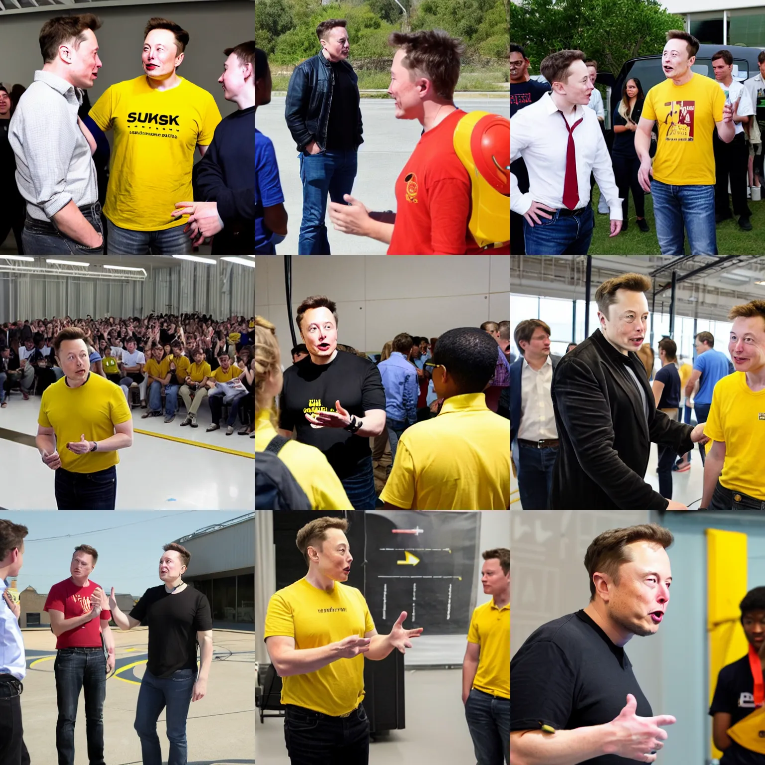 Prompt: elon musk on a rocket!, talking to student in yellow shirt