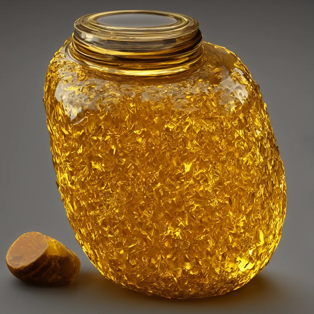 Image similar to elaborate low poly faceted honey jar, golden glistening, light bloom, octane render, product photography, studio photography, sharp high contrast