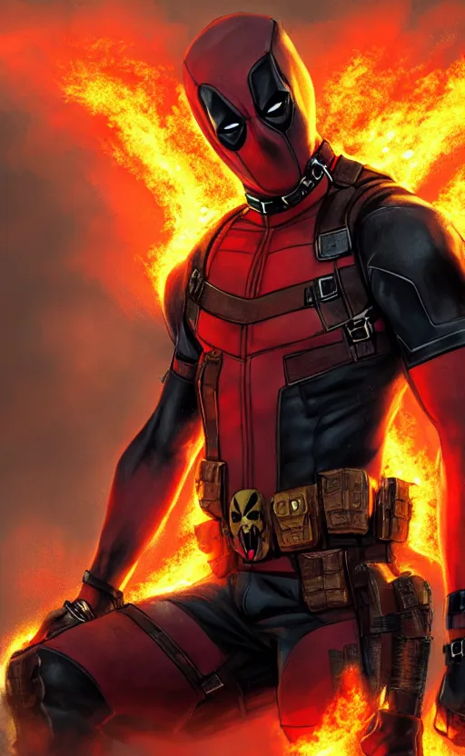 Image similar to deadpool as ghost rider, dynamic lighting, photorealistic fantasy concept art, trending on art station, stunning visuals, terrifying, creative, cinematic