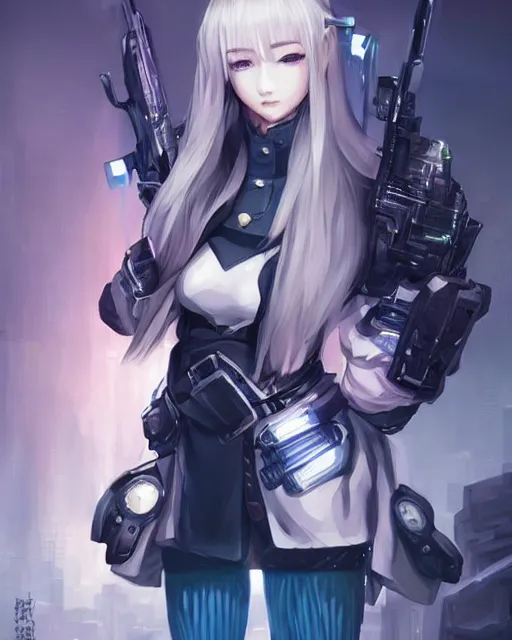 Image similar to The successful warrior is the average man, with laser-like focus, artwork by artgerm, anime, cyberpunk streets in Japan, elegant, seductive, long white hair, knee high socks, extra short blue plaid skirt, white blouse, army boots, full shot, wide-shot, long-shot, fantasy, mystical, magical