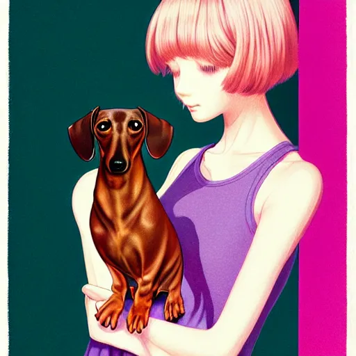 Image similar to richly detailed color  illustration of a dainty pretty young woman wearing a tank top, 'My pet dachshund' is the theme, very soft shadowing, smooth textures, large scale image. art by Range Murata.