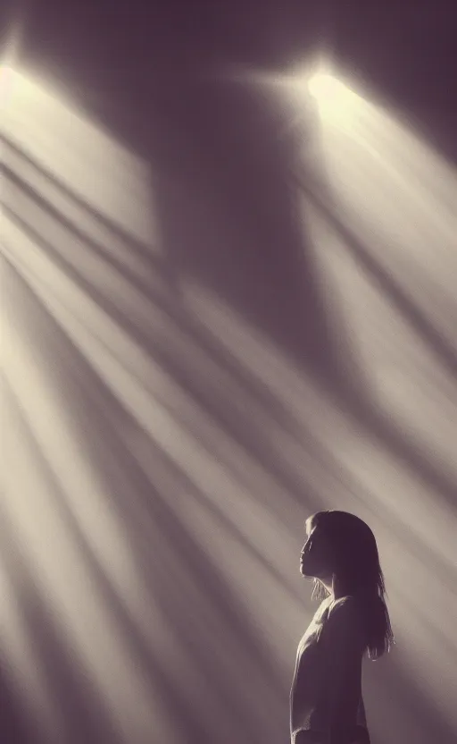 Prompt: photograph of a beautiful woman standing next to a window god rays shining on her from the sunlight, volumetric fog, smoke, depth of field, beautiful composition, featured on artstation and instagram