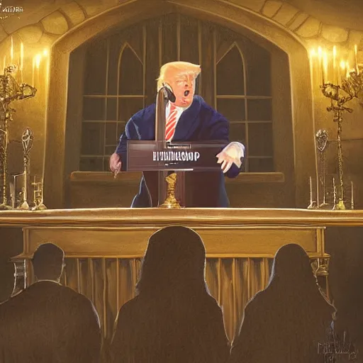 Prompt: trump as professor dumbledore giving a speech in the dining room in hogwarts, detailed, intricate, digital art