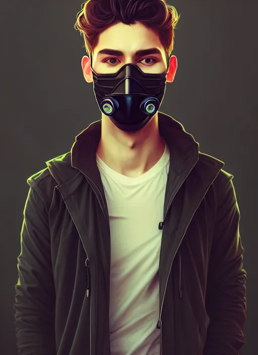 Image similar to handsome young man with black medical mask, half body shot, path traced, highly detailed, high quality, digital painting, alena aenami, lilia alvarado, shinji aramaki, karol bak, alphonse mucha, tom bagshaw