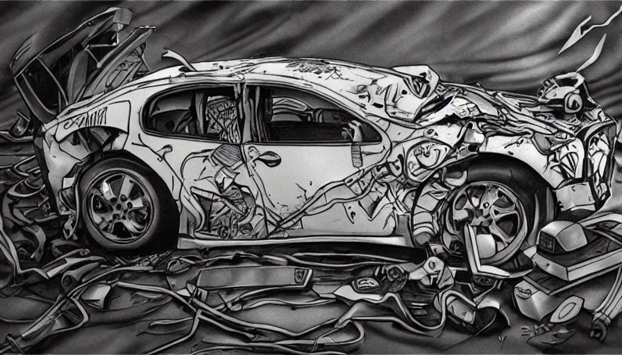 Image similar to crashed car, tattoo art design-H 600