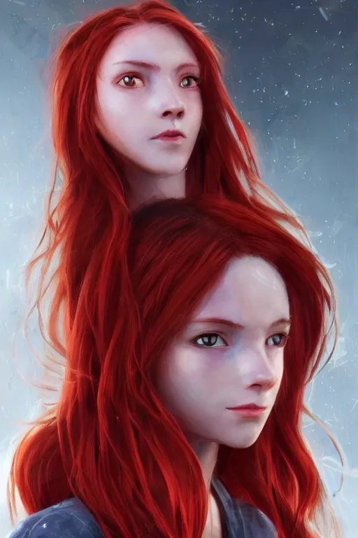 Prompt: beautiful cute red haired joyful and playful 1 9 year old maiden standing up in casual clothing, long hair, smirky face, modern city, rpg character, sci - fi, fantasy, intricate, elegant, digital painting, artstation, concept art, smooth, 8 k frostbite 3 engine, ultra detailed, art by artgerm and greg rutkowski and magali villeneuve