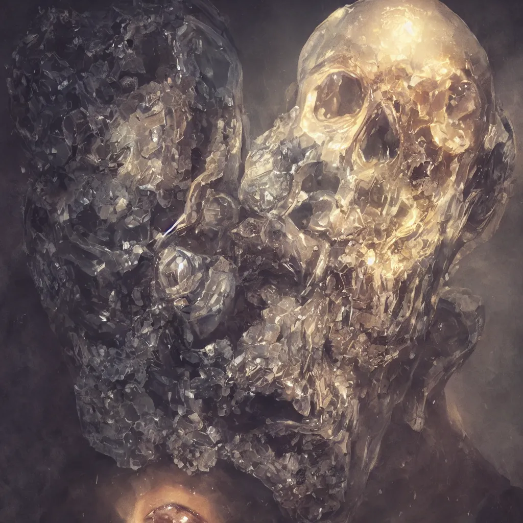 Image similar to A fancy portrait of a crystal skull by Greg Rutkowski, Sung Choi, Mitchell Mohrhauser, Maciej Kuciara, Johnson Ting, Maxim Verehin, Peter Konig, Bloodborne, 8k photorealistic, cinematic lighting, HD, high details, dramatic, atmospheric , trending on artstation