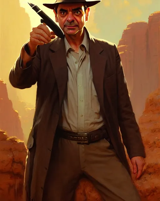 Prompt: rowan atkinson as indiana jones, suave looking, fine details, realistic shaded lighting poster by greg rutkowski, magali villeneuve, artgerm, jeremy lipkin and michael garmash and rob rey