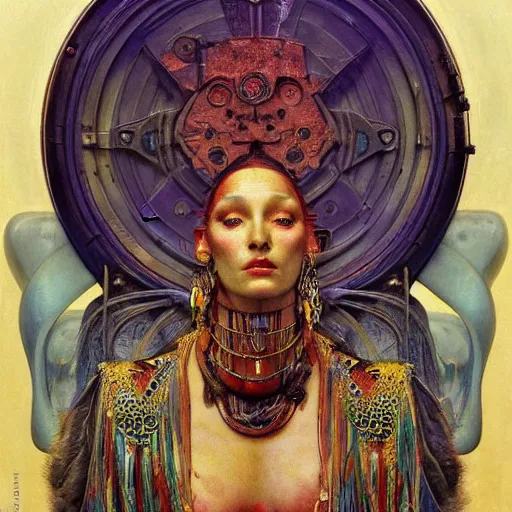 Prompt: baroque portrait of an art deco machine shaman, reflective detailed textures, highly detailed fantasy science fiction painting by annie swynnerton and jean delville and moebius, norman rockwell and maxfield parrish. modern industrial shaman, rich colors, high contrast. artstation