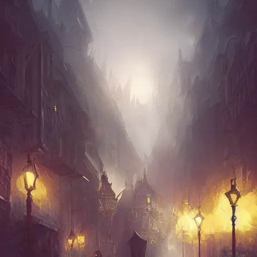 Image similar to street leading to a fantasy castle, dramatic lighting, city background, chiaroscuro, high detail, painted by greg rutkowski, painted by igor kieryluk, painted by bobby chiu, trending on artstation