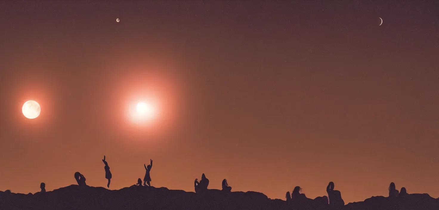 Prompt: a very high resolution historical image. a giant full moon in the mountains while young women float into the air levitating in firelight as the satanic ritual climaxes, 2 4 mm, photorealistic, photography, night directed by wes anderson