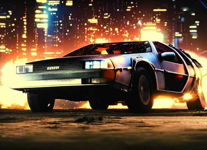 Image similar to a cyberpunk delorean breaking the space - time continuum, energy and time particles, dramatic framing, movie footage, 8 k
