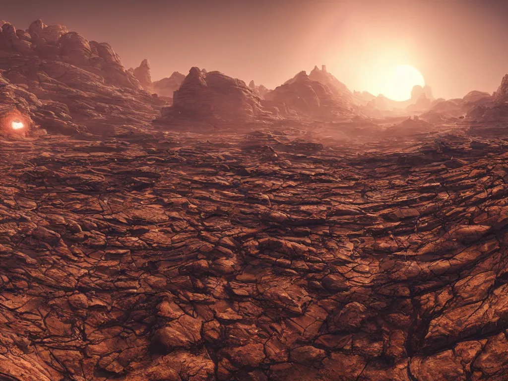 Prompt: Panorama view of an extraterrestrial landscape by Kilian Schönberger, highly detailed, sharp focus, illustration, cinematic lighting, Unreal Engine 5