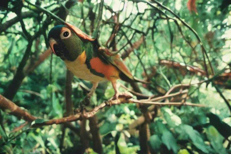 Prompt: a photo of a giant mutant nachos parakeet in its natural habitat, kodak ektachrome e 1 0 0 photography