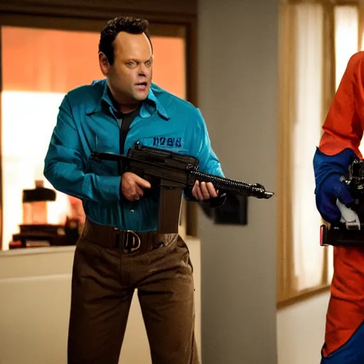 Image similar to vince vaughn as jack fenton, he is wearing an orange coveralls bodysuit with a big sci - fi gun belt, and christina hendricks as maddie fenton, she is wearing a tight teal coveralls bodysuit with a big sci - fi gun belt, movie photo, spooky netflix still shot, they are looking for ghosts