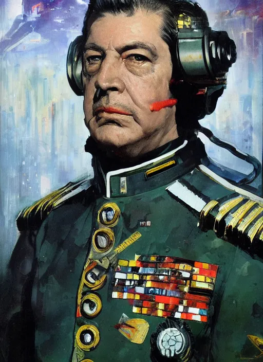 Image similar to sci fi portrait of a cyborg with features from general augusto pinochet wearing prussian military clothes by john berkey