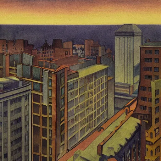 Image similar to full color painting of a balcony view of 1 9 2 5 boston with a broken sky, dark, brooding, night