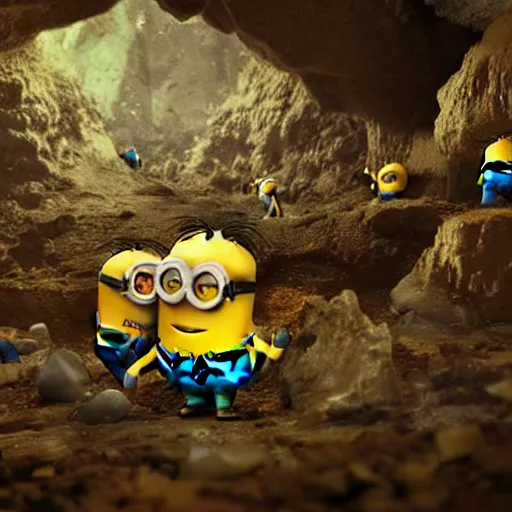 Prompt: minions mining crystals in a cave. very high details, photorealistic, artstation trending.