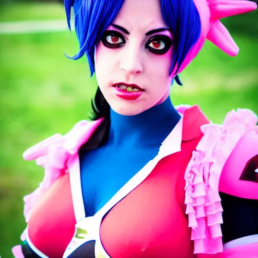 Prompt: photograph of a jolyne kujoh, cosplay, filmic, cinematographic