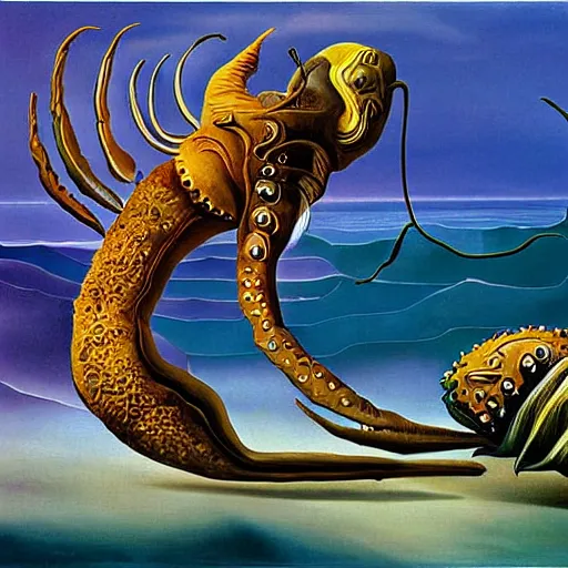 Image similar to Cambrian sea creatures painting by Salvador Dali