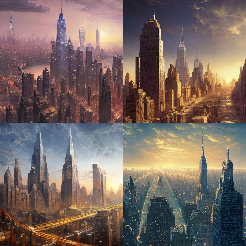 Prompt: New York skyline in futuristic Egyptian style, 4k, landscape, digital art, by greg rutkowski and thomas kinkade
