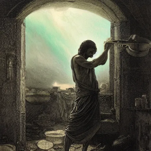 Image similar to A biblical painting of Jacob Washing dishes next to a window by Gustave Doré, Scenic, Dramatic, lightning storm in background