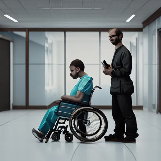 Prompt: a male patient in a wheelchair in the hospital with his wife and son standing by. happy, cheerful, intricate, sharp focus, artstation, cinematic, 8 k, by helen bouchard