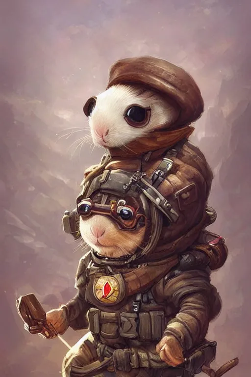 Image similar to cute little anthropomorphic Guinea Pig Paratrooper parachuting, tiny, small, short, Army ranger outfit, cute and adorable, pretty, beautiful, DnD character art portrait, matte fantasy painting, DeviantArt Artstation, by Jason Felix by Steve Argyle by Tyler Jacobson by Peter Mohrbacher, cinematic lighting