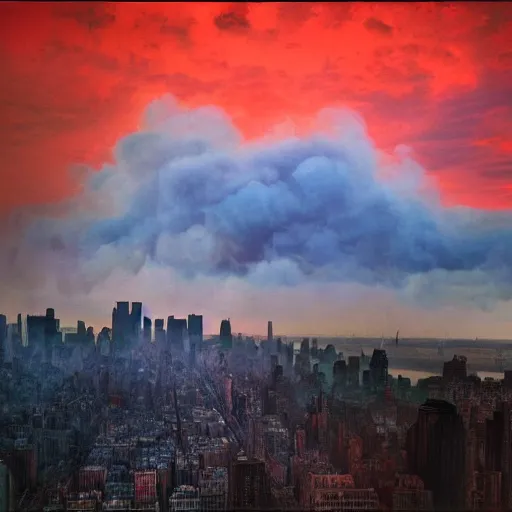 Image similar to dystopian, destroyed new york city, real, blue sky, smoke, red clouds, detailed, award winning, masterpiece, photograph, cinematic, hyperrealism