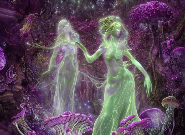 Image similar to glowing delicate flower and mushrooms that grow in a dark fatansy forest on the planet Pandora, an idealistic marble statue with fractal flowery hair in a fractal garden,