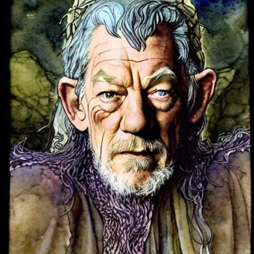 Image similar to a realistic and atmospheric watercolour fantasy character concept art portrait of ian mckellen as a druidic warrior wizard looking at the camera with an intelligent gaze by rebecca guay, michael kaluta, charles vess and jean moebius giraud