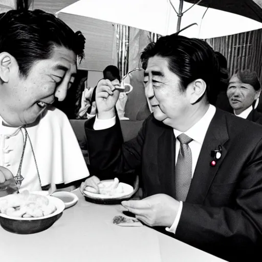 Prompt: the pope eating hambugers with prime minister shinzo abe, photo by slim aarons, award winning