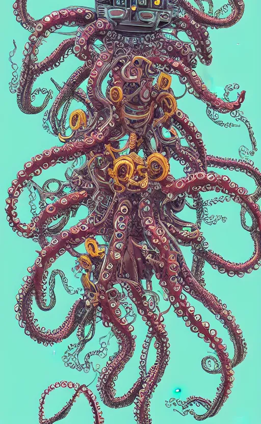 Image similar to robotic octopus by miyazaki, illustration, kenneth blom, mental alchemy, james jean, pablo amaringo, naudline pierre, contemporary art, hyper detailed