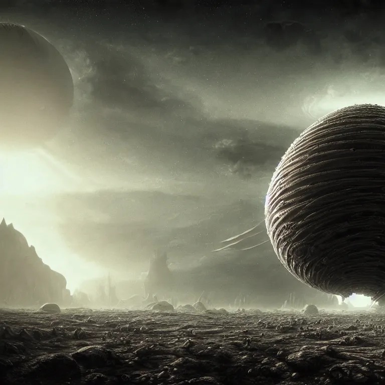 Image similar to ribbed surreal abandoned alien spaceship on exoplanet, covered in a desolate empty wasteland, creepy, nightmare, dream-like heavy atmosphere, surreal abandoned buildings, beautiful detailed intricate insanely detailed octane render trending on Artstation, 8K artistic photography, photorealistic, chiaroscuro, Raphael, Caravaggio, Beksinski, Giger