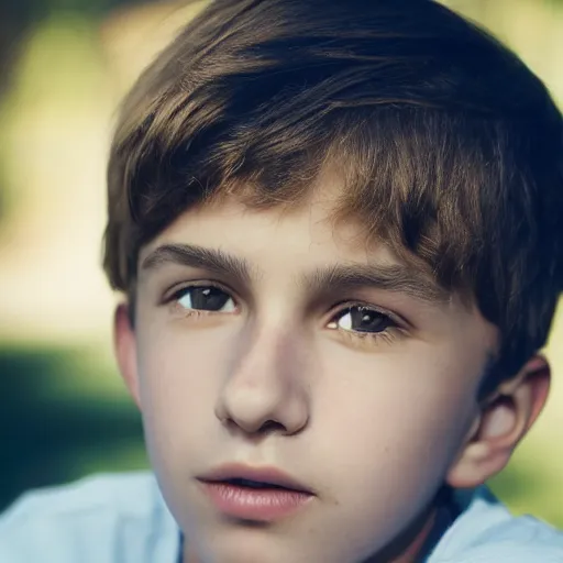 Image similar to a closeup portrait of a boy with brown hair and brown eyes. Extremely clear and high quality eyes with reflection, realistic face and details, clear lips and high quality