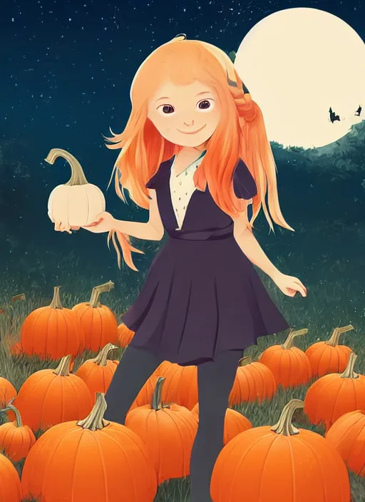 Image similar to little girl with long blonde hair holding a pumpkin. bats in the background. clean cel shaded vector art. shutterstock. behance hd by lois van baarle, artgerm, helen huang, by makoto shinkai and ilya kuvshinov, rossdraws, illustration, art by ilya kuvshinov