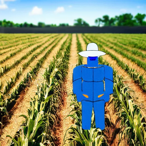 Image similar to a photo of farming robot wearing a straw hat blue overalls in the corn field, robots, humanoid, chappie, farming, photorealistic, 8 k