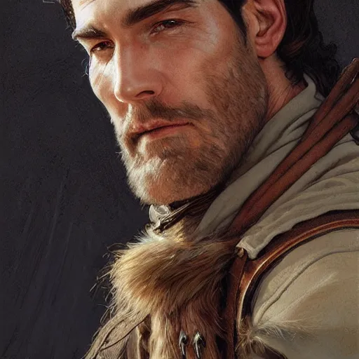 Image similar to portrait of a young, ruggedly handsome scout, soft hair, muscular, half body, leather, hairy, d & d, fantasy, intricate, elegant, highly detailed, digital painting, artstation, concept art, smooth, sharp focus, illustration, art by artgerm and greg rutkowski and alphonse mucha