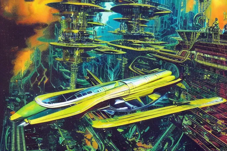 Image similar to elegant spaceship cruising between plants, fluid, smooth, bright saturated colours, high contrast, sharpness, very detailed, intricate, by angus mckie, colin hay, stewart cowley, john berkey