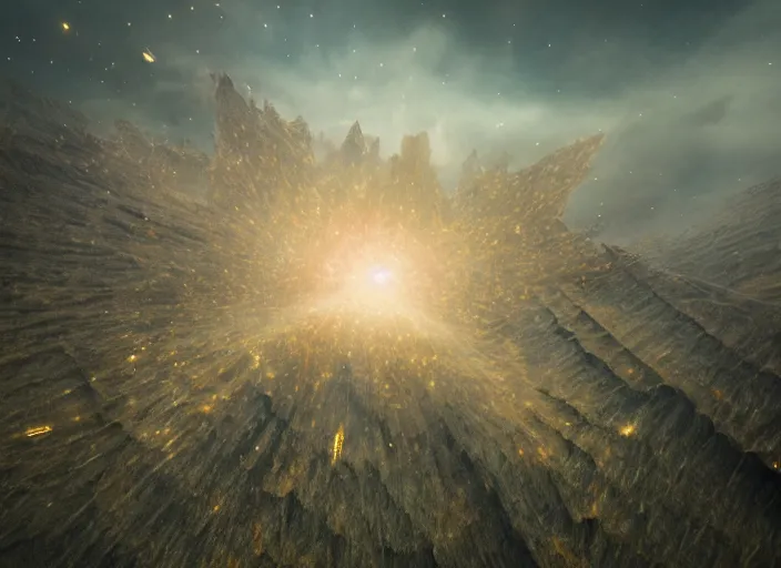 Prompt: giant interdimensional fractal creatures fall from the sky, a vast landscape, dust particles, natural lighting, awe inspiring, wide angle, cinematographic photo, subtle lens flare