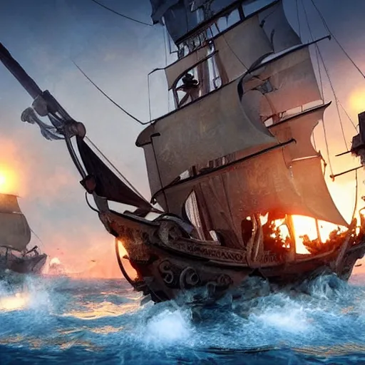 Image similar to pirate ship battle in a bath tub, highly detailed, cinematic lighting, render, fantasy