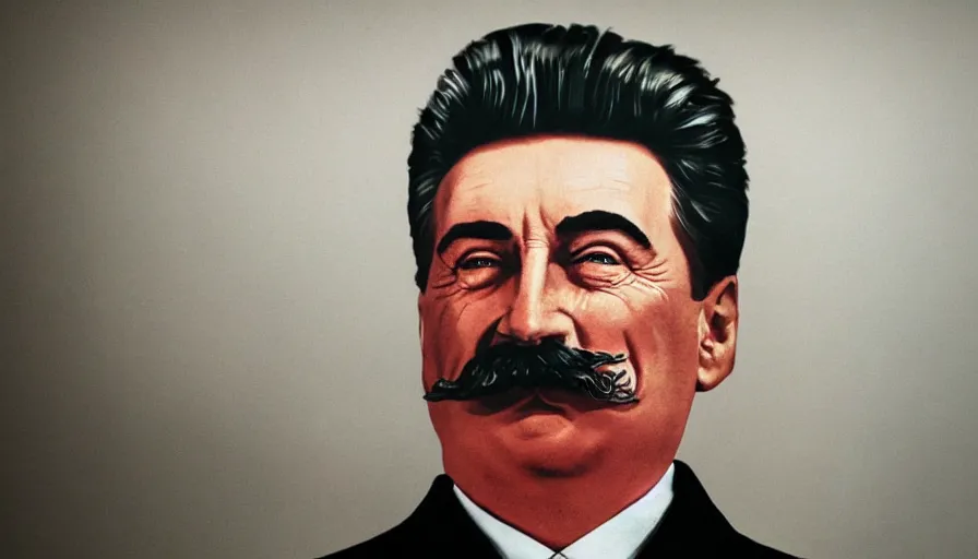 Image similar to hyper-realistic and anamorphic 2010s movie still close-up portrait of Josef Stalin, by Paolo Sorrentino, Leica SL2 50mm, beautiful color, high quality, high textured, detailed face